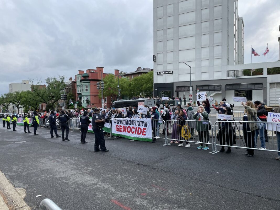 ‘Shame on you’: Protesters gather outside White House Correspondents’ Dinner in Washington